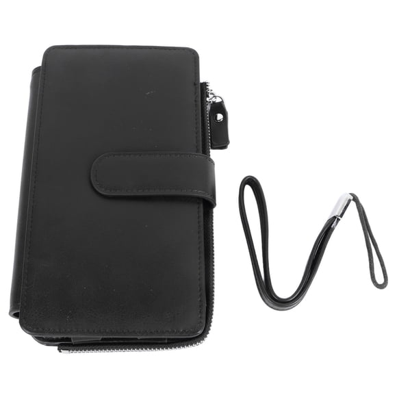 Cartera larga para hombre de piel sintética esmerilada retro multifuncional para teléfono, tarjetero, bolso de mano de negocios con cremallera y correa negra