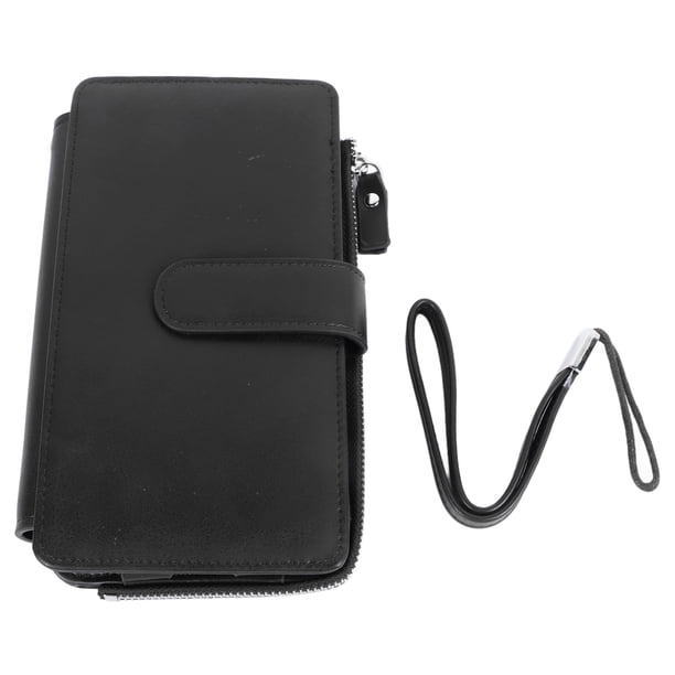 Cartera larga para hombre de piel sintética esmerilada retro multifuncional para teléfono, tarjetero, bolso de mano de negocios con cremallera y correa negra