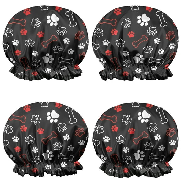 Shower Caps,Paw Prints and Bones Waterproof Shower Cap for Women 4 Pieces,Double Reusable Hair Cover for Shower PEVA Elastic Stretch Hem