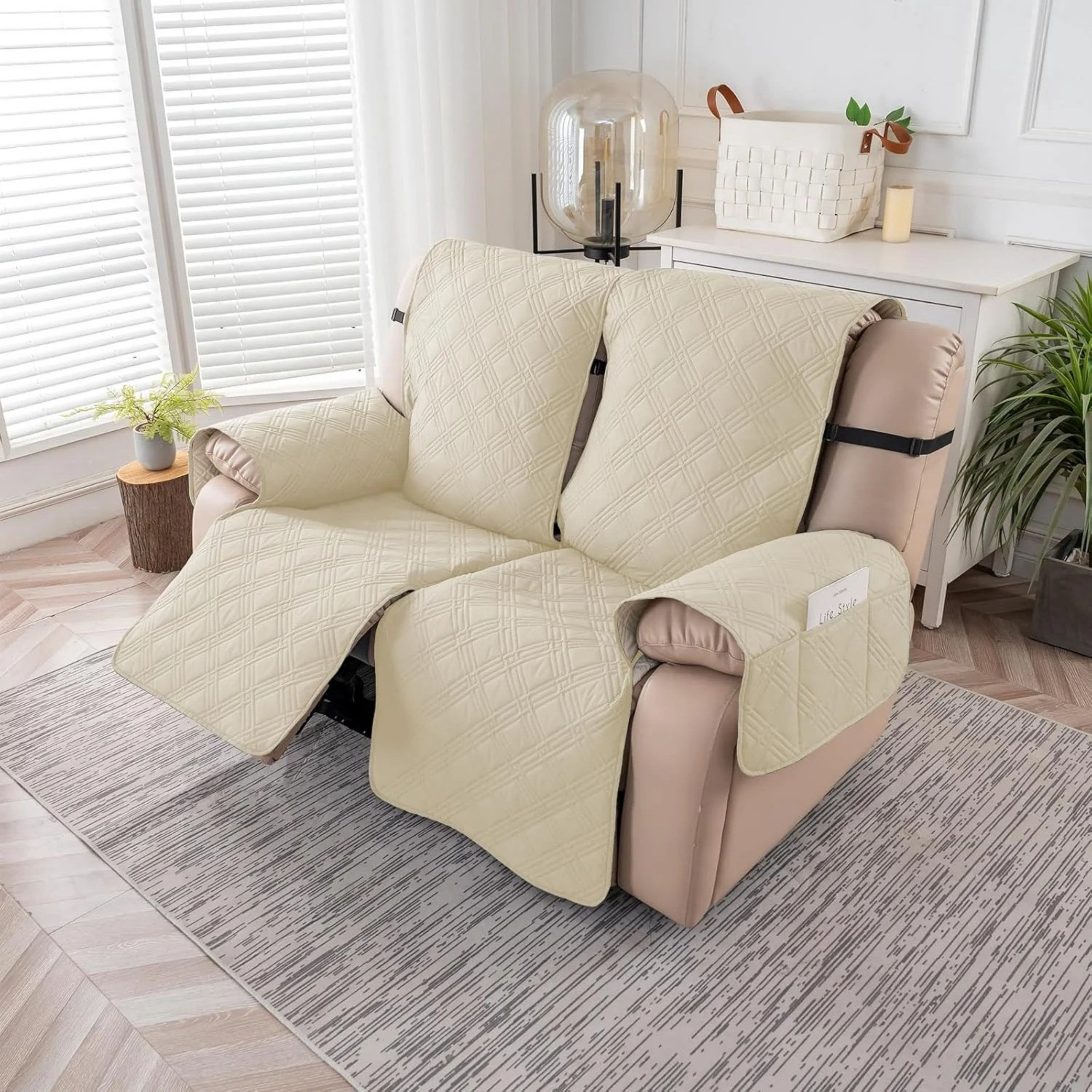 Lavish Cover 100% Waterproof Recliner Loveseat Cover, 2 Pieces Non-Slip Recliner Couch Slipcovers, Washable Furniture Protector with Pockets & Elastic Straps for Kids Pets, 2 Seaters, Beige