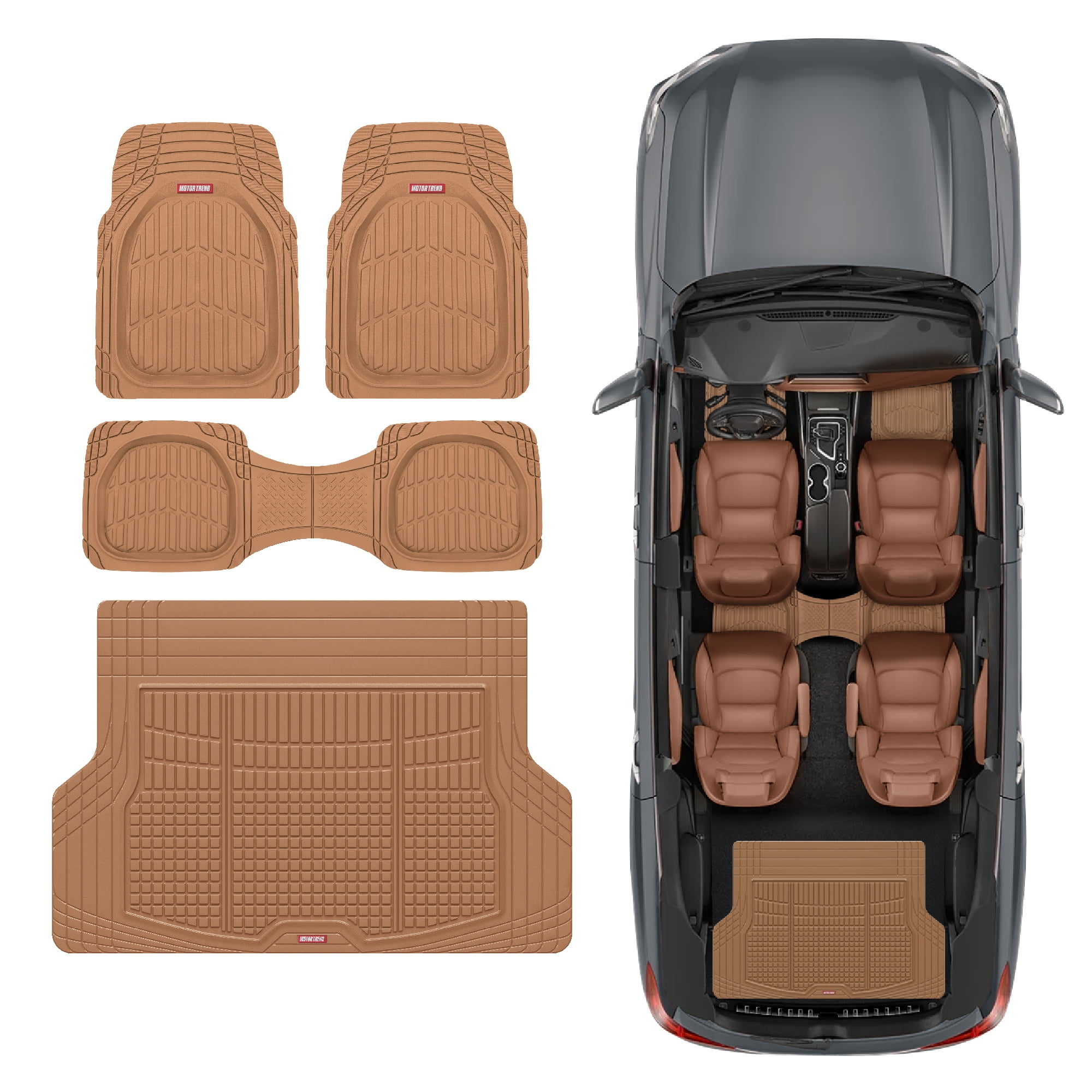 FlexTough Contour Liners Deep Dish 3 pc Rubber Floor Mats with Traction Grips Car Accessories (Beige)