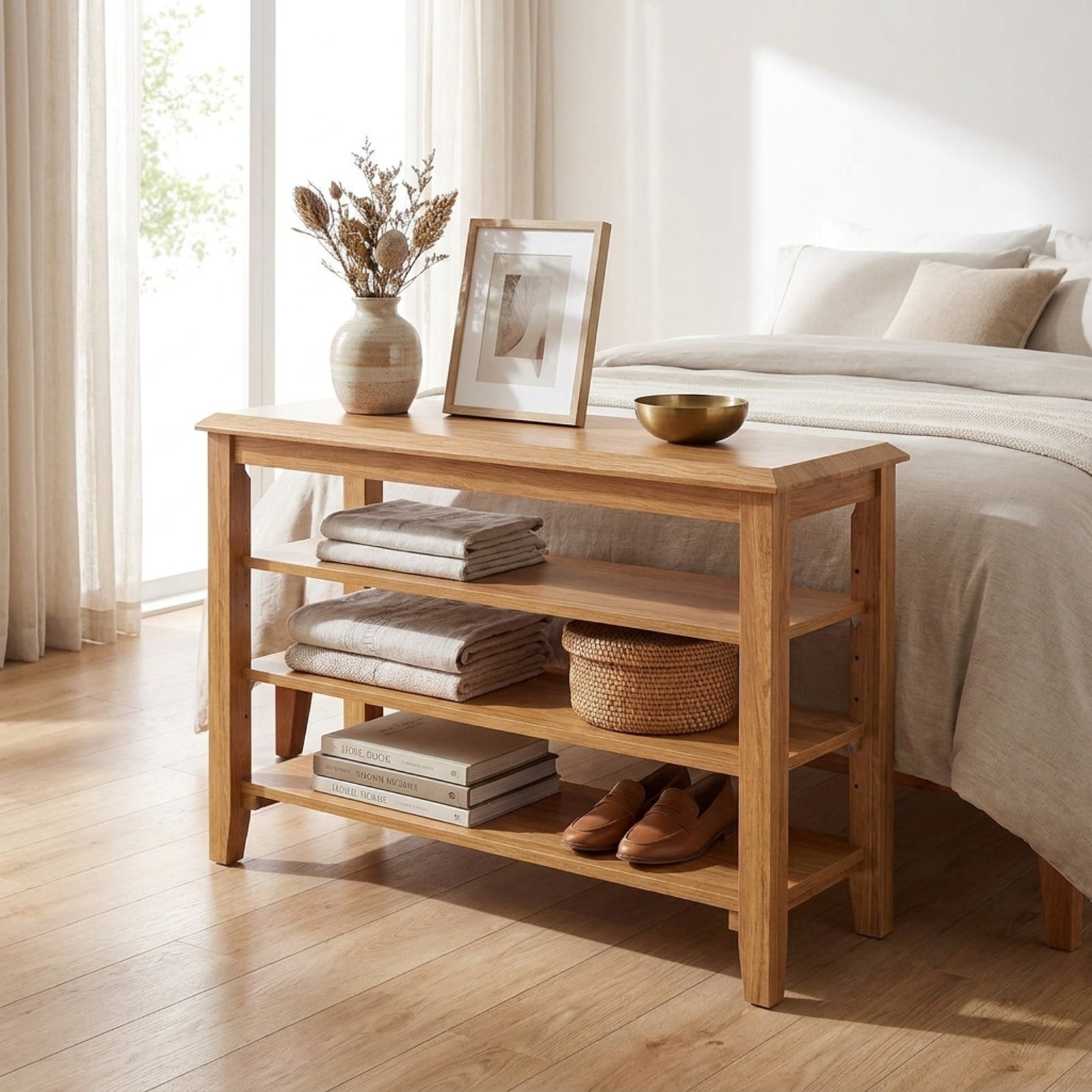 Furnibear 3 Tier Shoe Rack Bench with Adjustable Shelves and Rubber Wood Seat for Entryway and Living Room Shoe Storage, Brown