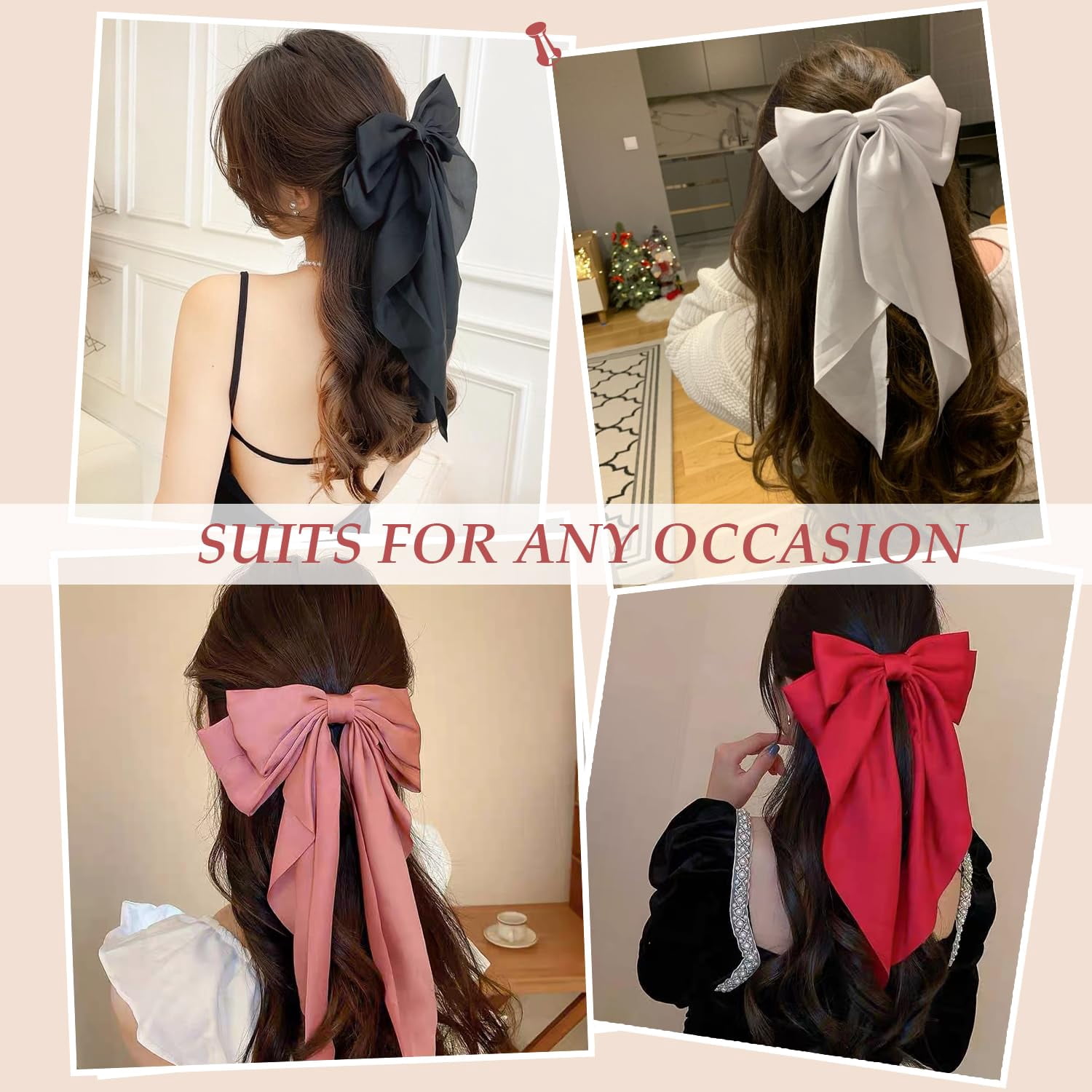 Black Satin Hair Bows and Clips Set for Women & Girls - 5 PCS Bow-knot Hair Clip, Big Bows Claw Clips, Non-Slip Clip for Thick and Thin Hair