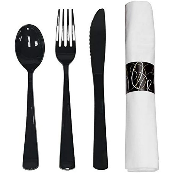 Napkin Roll 25 Piece Cutlery Set with Black Plastic Handles