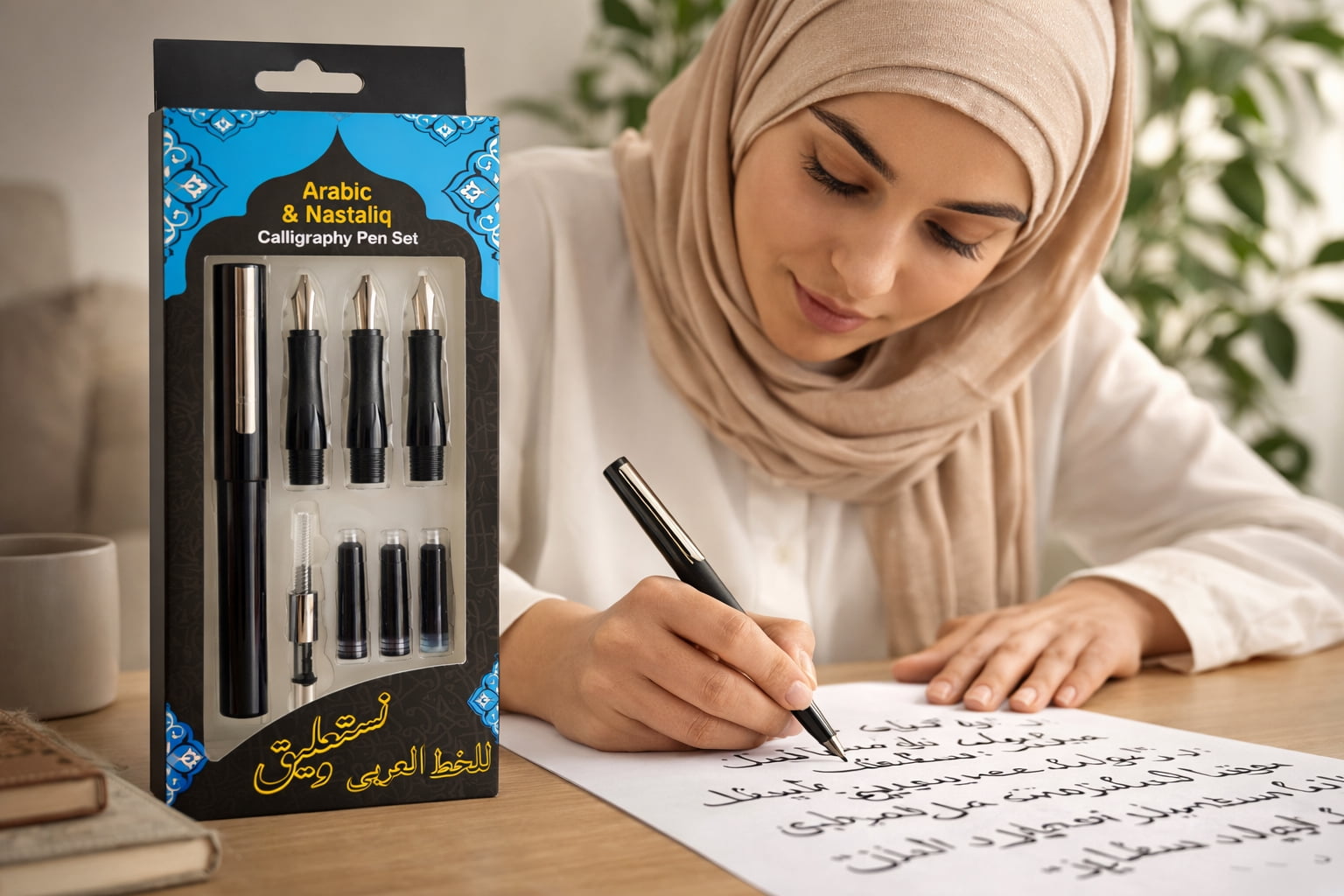 Arabic & Nastaliq Bamboo like Calligraphy Pen Set – 4 Steel Nibs (3mm, 2.3mm, 1.6mm, 0.8mm) Qalam Style Fountain Pen – Includes Refillable 3 Ink Cartridges – For Arabic, Farsi, Urdu & Hebrew Scripts