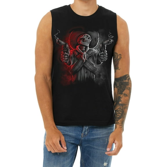 Mens Cut Off Shirts Sleeveless Muscle Tee Gunslinger 2A Skeleton Skull Shirt