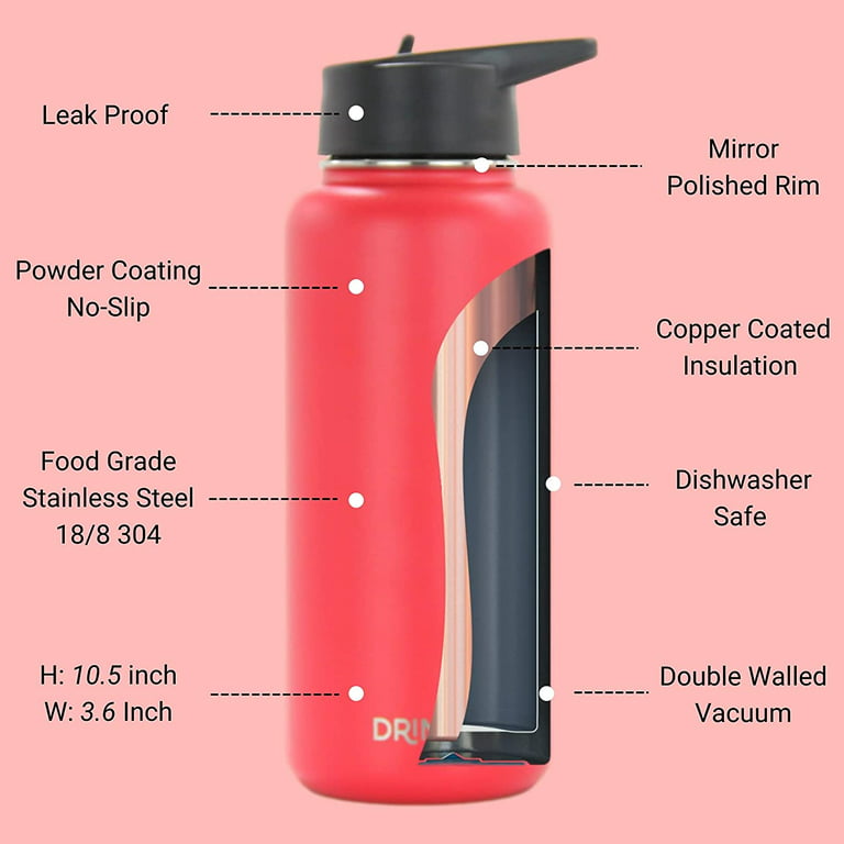  DRINCO Stainless Steel Water Bottle Spout Lid Vacuum Insulated  Double Wall Water Bottles Wide Mouth (40oz 32oz 22oz 18oz 14oz) Leak Proof  Keeps Cold or Hot (40 oz, 40oz Black) 
