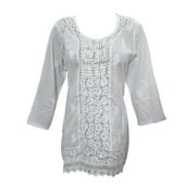 Mogul Womens Indian  Blouse White Cotton Hand Embroidered Tunic Top Shirt