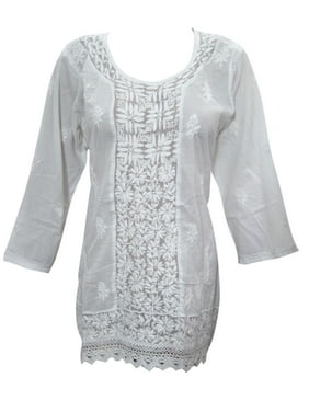 Mogul Womens Indian  Blouse White Cotton Hand Embroidered Tunic Top Shirt