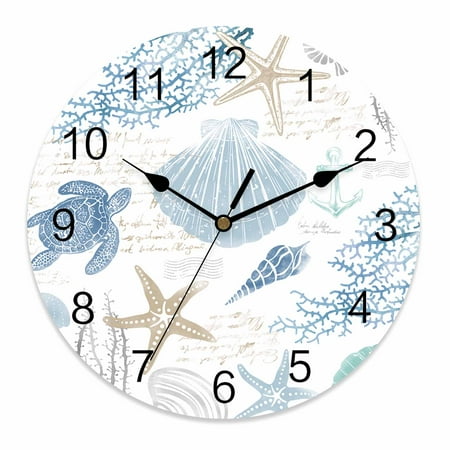 Silent Wall Clocks Battery Operated, Blue Coastal Ocean Beach Themed Round Decorative Wall Clock for Living Room Bedroom Kitchen Bathroom Classroom Decor, 10 Inch Sea Turtle Starfish Shell