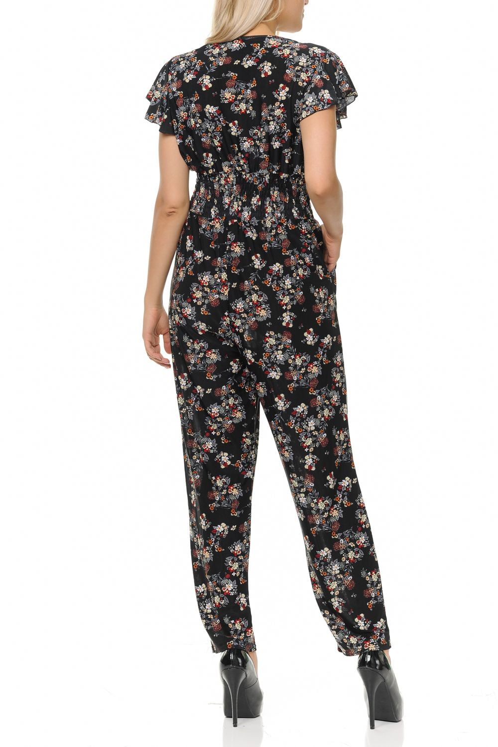 Auliné Collection Womens Short Cap Sleeve V-Neck Long Pants Romper Jumpsuit - Wildflower Floral S/M