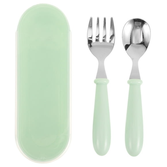 KAKOWELY 1 Set Stainless Steel Spoon Fork Small Durable Simple Feeding Spoon Fork for Baby Kids Children (Green),5.55"X1.57"X1.06"