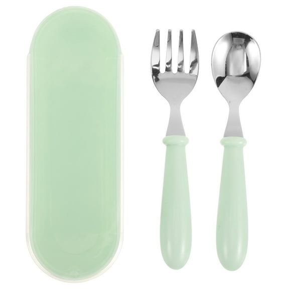Raindrops 1 Set Stainless Steel Spoon Fork Small Durable Simple Feeding Spoon Fork for Baby Kids Children (Green)