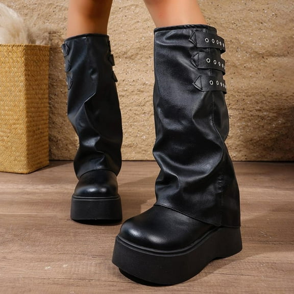 Knee-High Trouser Boots Thick Sole Round Toe Faux Leather Casual Winter Footwear Stylish for Outdoor and Indoor Use