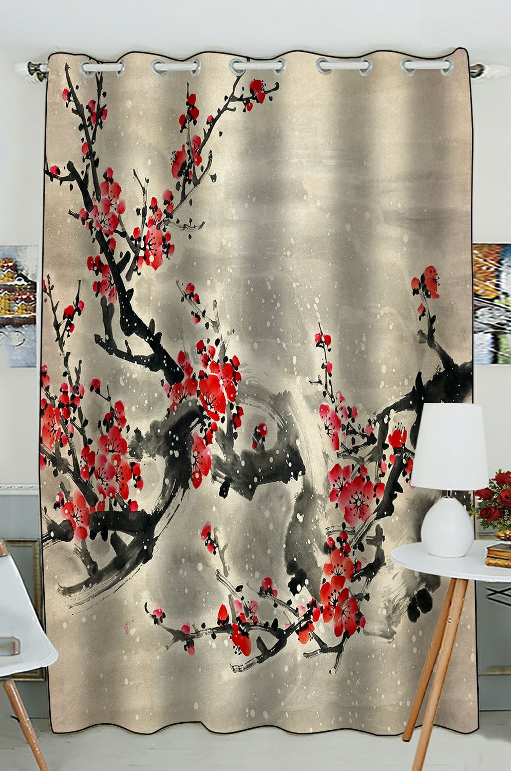 PHFZK Asian Window Curtain, Plum Blossom Traditional Chinese Painting