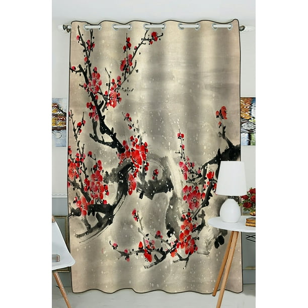 PHFZK Asian Window Curtain, Plum Blossom Traditional Chinese Painting