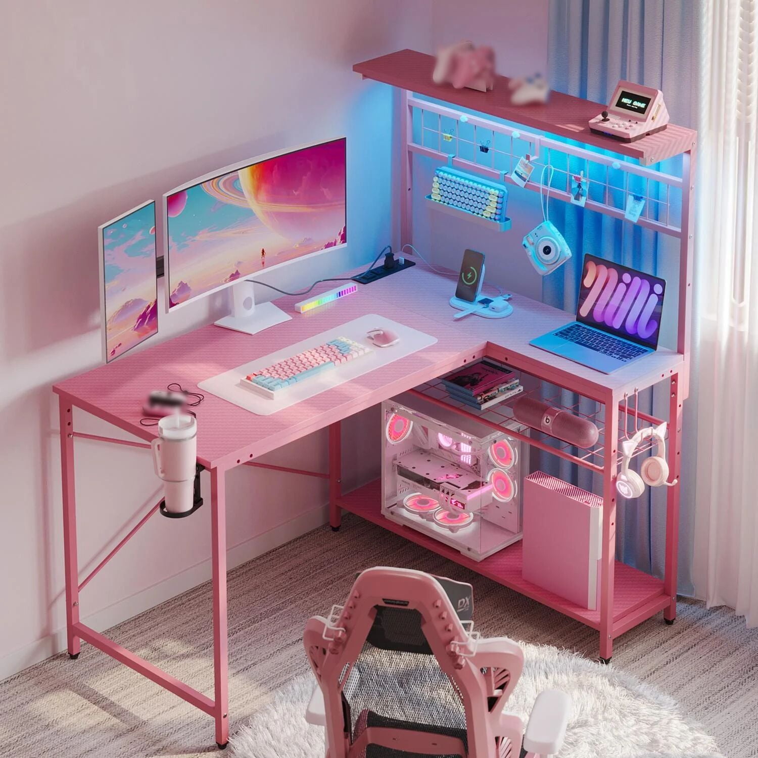Bestier 42 inch L Shaped Gaming Desk with LED Lights & Power Outlet, Reversible Corner Computer Desk with Hutch & Storage Shelves for Home Office, Pink