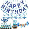 LakPty Blue Baby Shark Party Supplies, 1st Birthday Decorations Kit for Cake Smash Backdrop, Includes Shark Cake Topper, Happy Birthday Banner, Highchair Banner for Baby Boy's/Kid's First Birthda