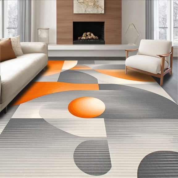 ODIKA 4'x6' Machine Washable Non-Slip Area Rug, Geometric Illusion Grey And Orange Modern Floor Art High Traffic Rug, Orange, 84247