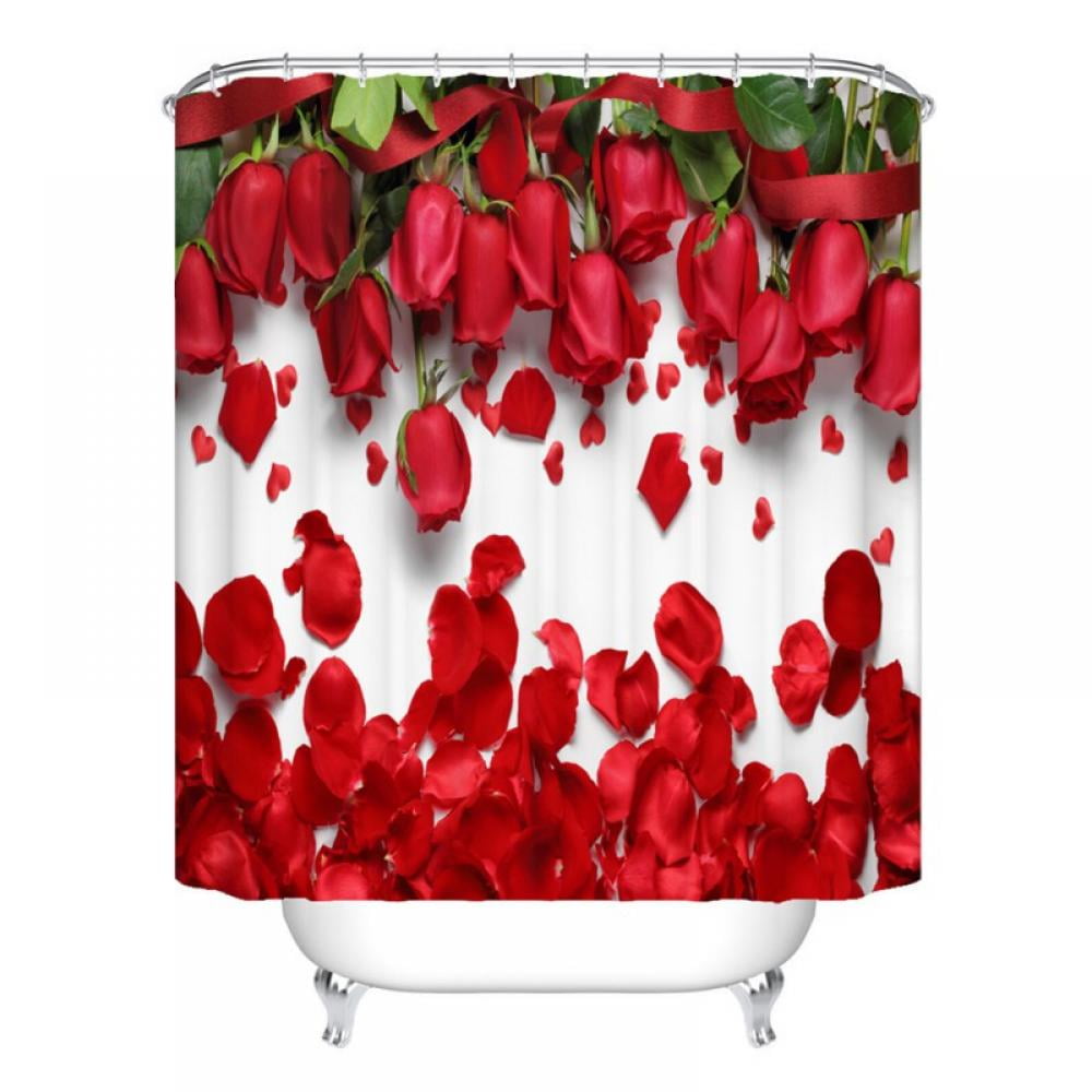 Rose Flower and Red Heart Bathroom Waterproof Fabric Shower Curtain & 12 Hooks