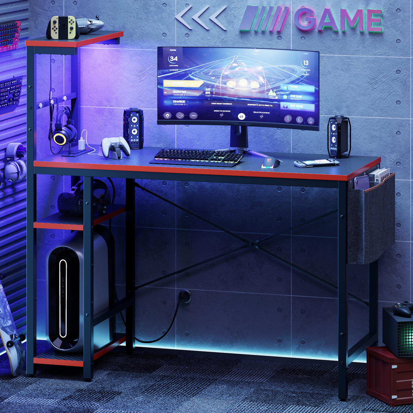 Bestier 47 inch LED Gaming Desk with Outlets & USB Ports Computer Desk with Storage Shelves in Black Carbon Fiber - image 5 of 8