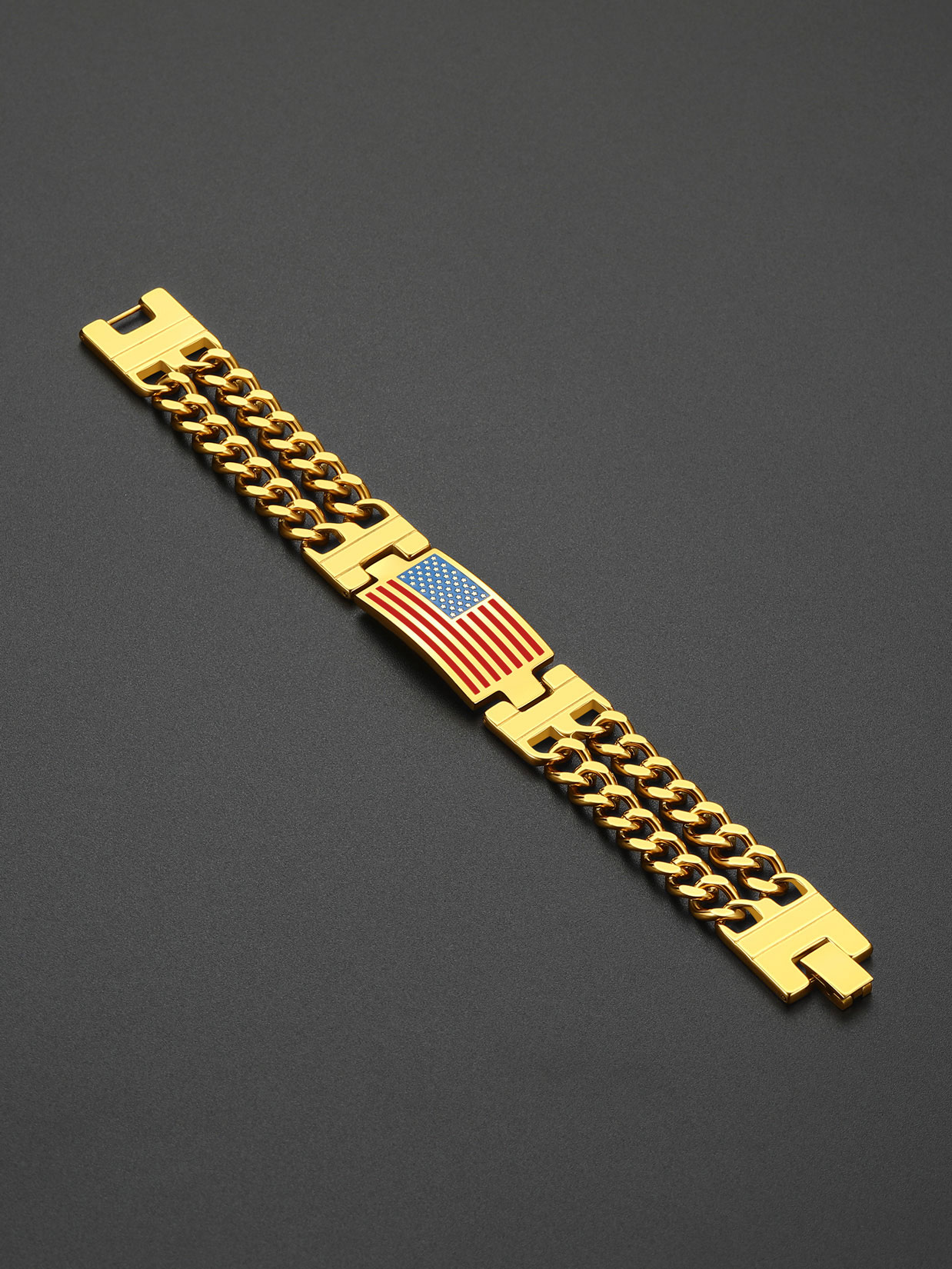 ChainsProMax Men Cuban Link Chain Bracelet, American Flag Bracelet, Stainless Steel Gold Plated