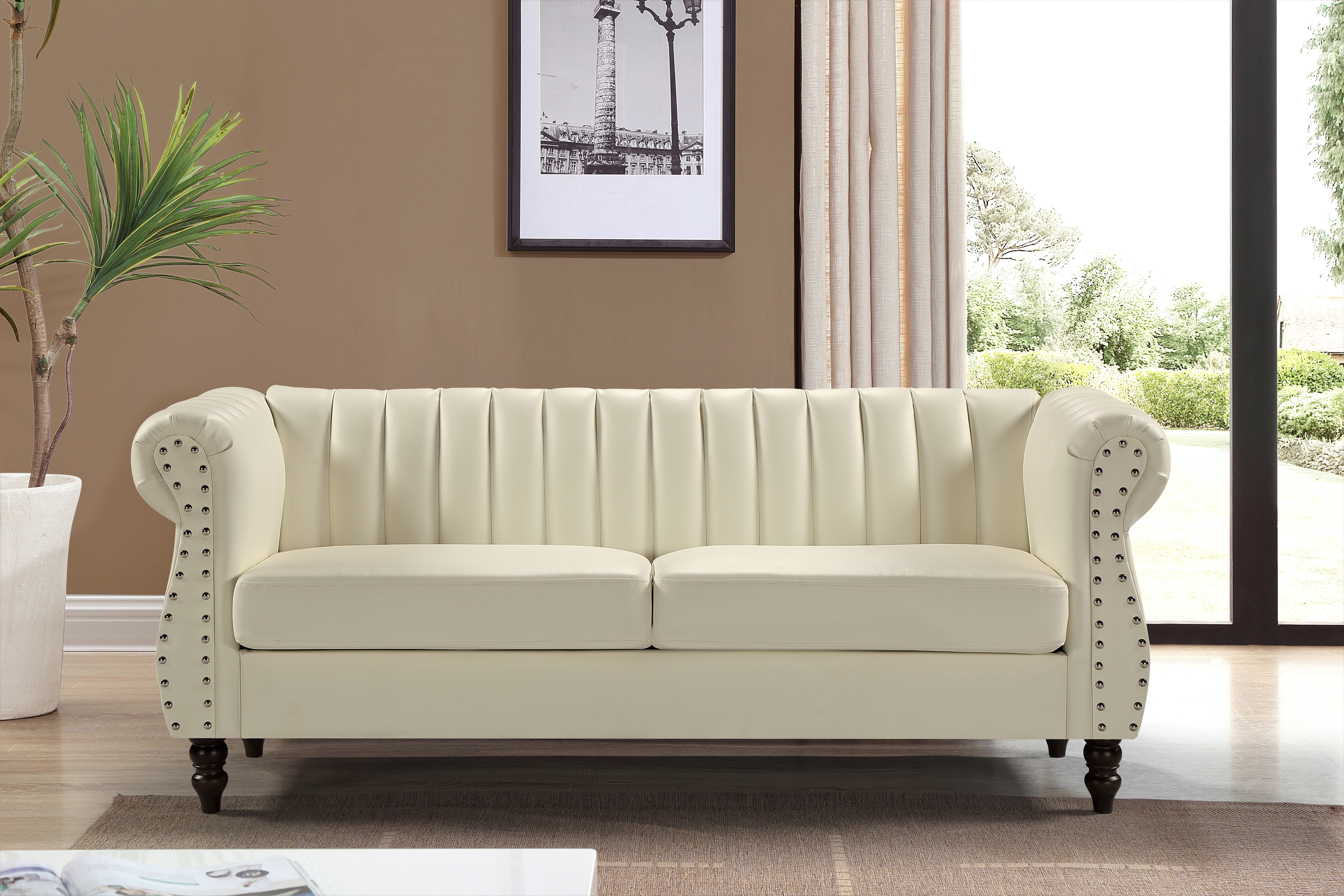Uspridefurniture Charlot Faux Leather Rolled Arm 2Pcs Living Room Set, Cream White