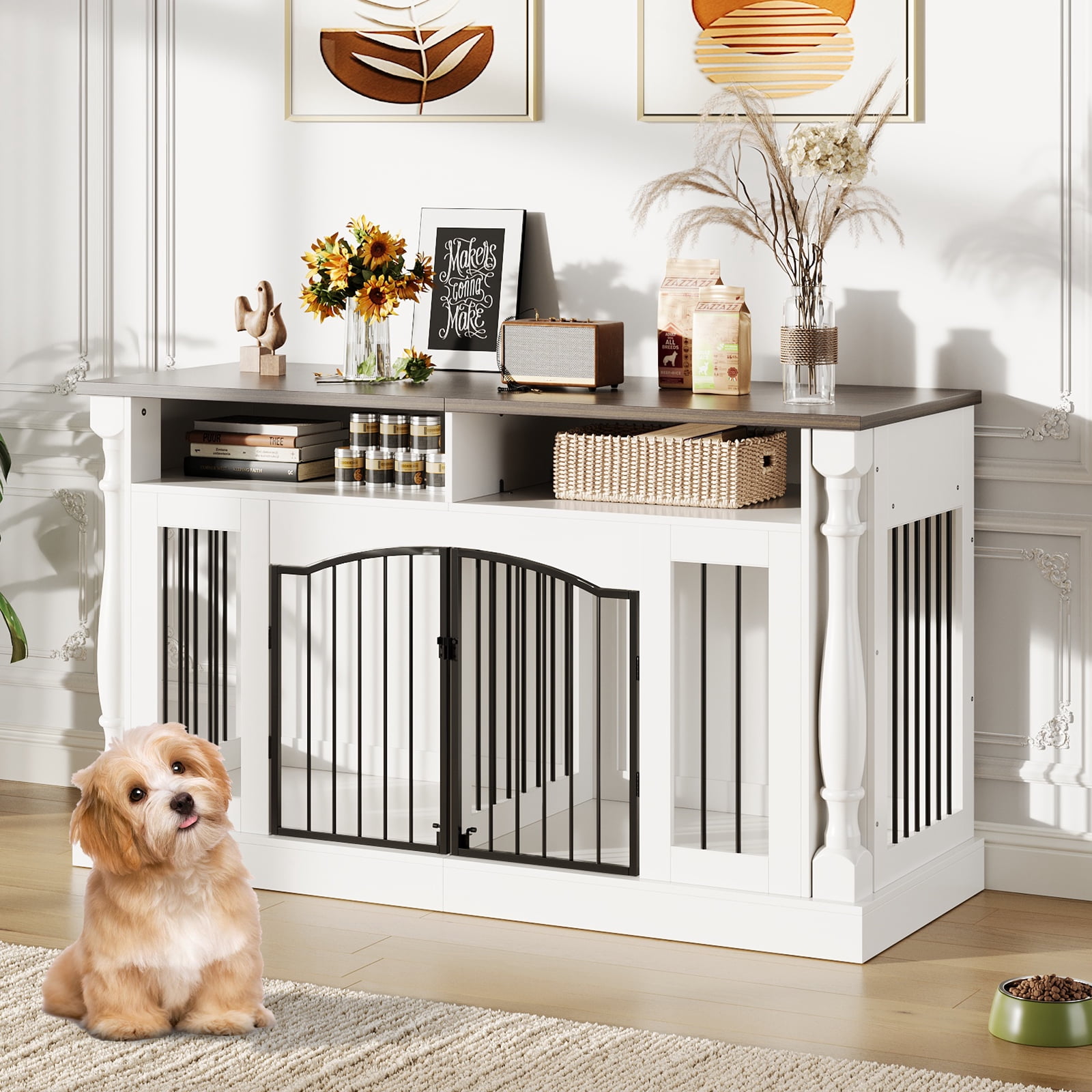 Heavy Duty Double Dog Crate Furniture for 2 Small & Medium Dogs - 63" Roman Column Wooden Kennel with Semi-Open Storage, TV Stand Table, Double Sliding Barn Doors - Natural Wood Finish