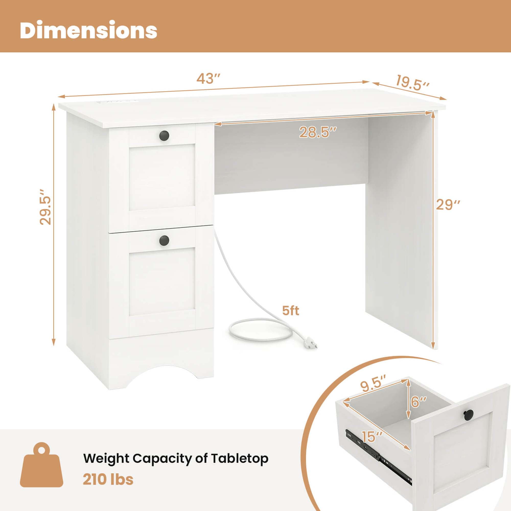 Costway 43" Home Office Desk Compact Study Writing Desk with 2 Drawers Charging Station