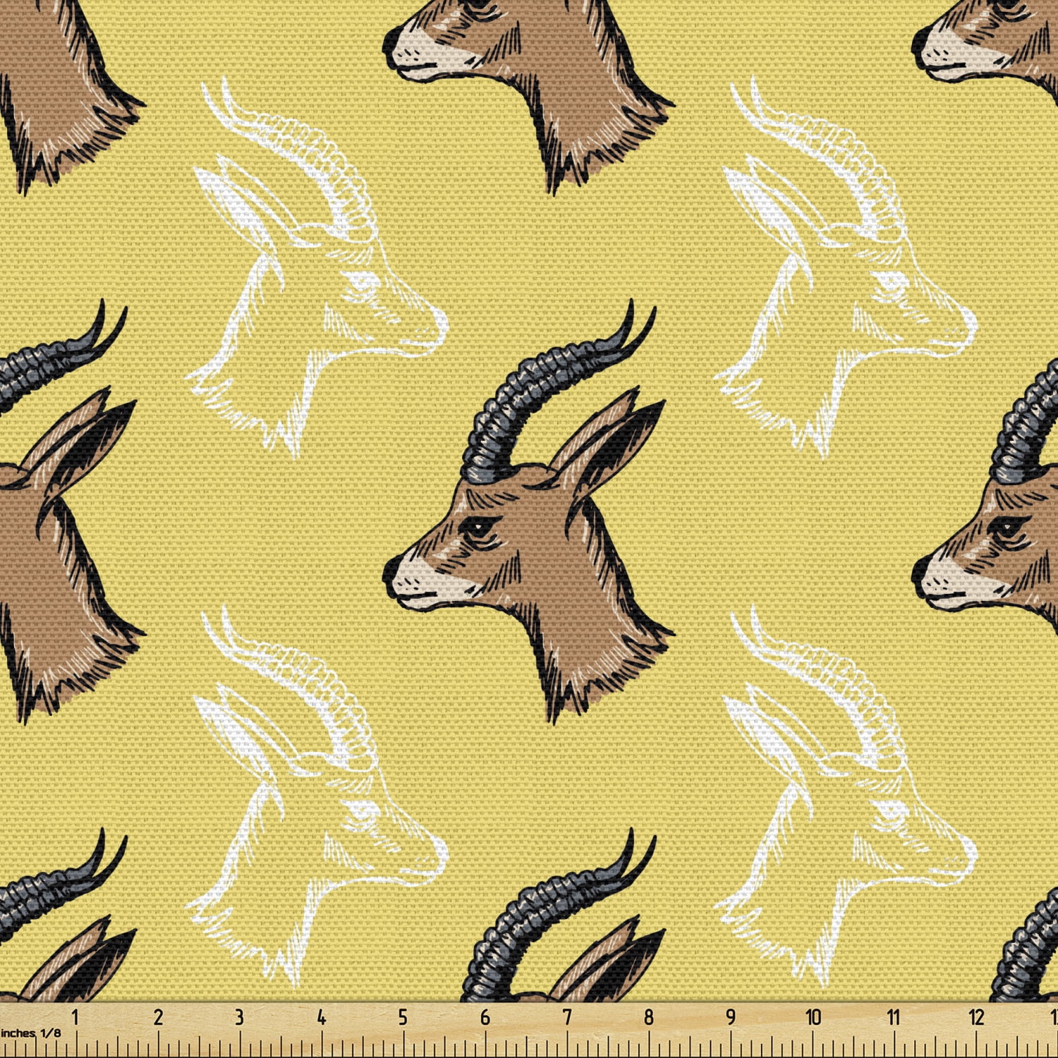 Antelope Fabric by the Yard, Side View Wild Animal Head with Antlers