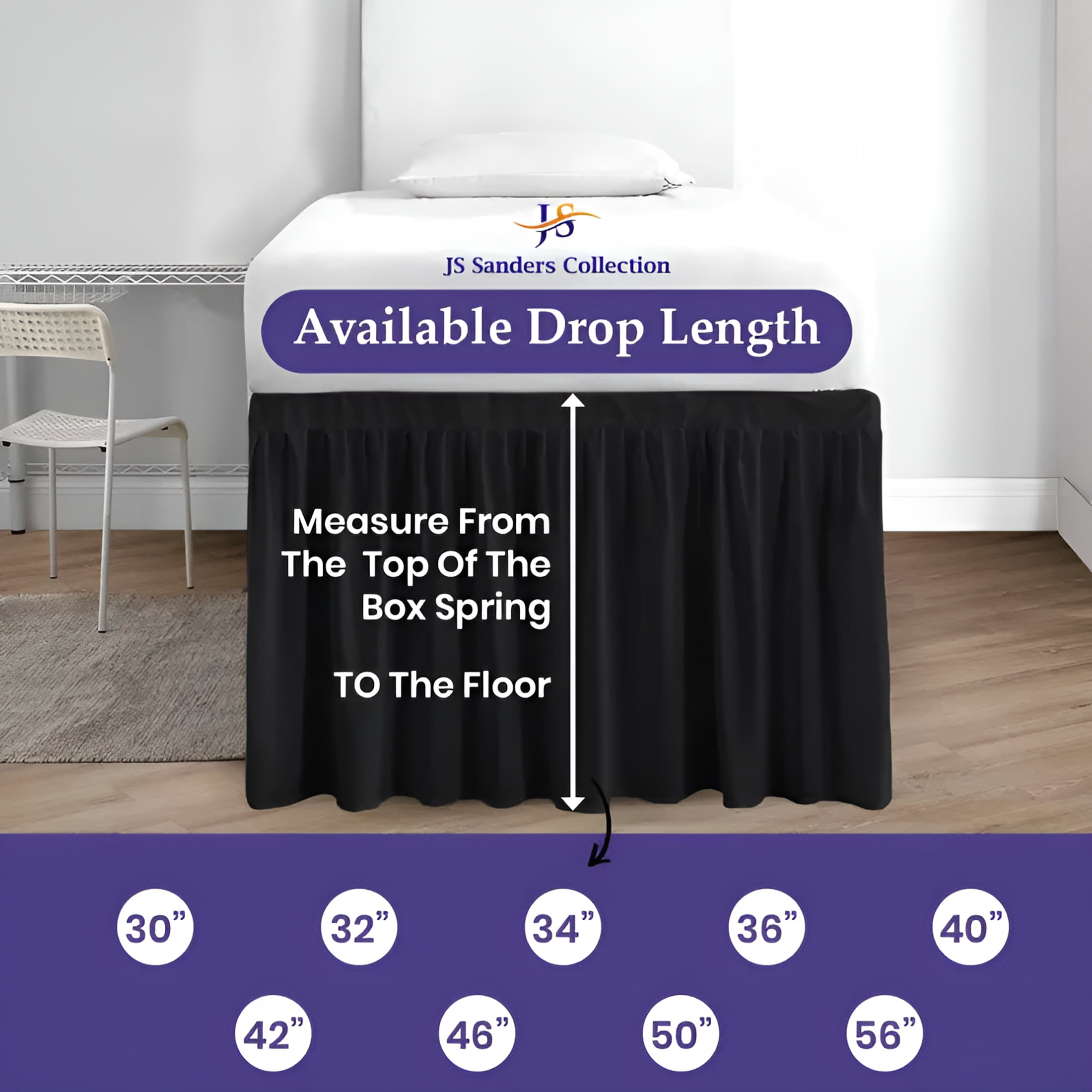 AUQ Dorm Bed Skirt Twin XL Size 32" Drop Black Solid Bed Skirt Stylish Ruffled Pattern Split Corner Easy Fit Easy Care Fade&Wrinkle Resistant-Polycotton Made