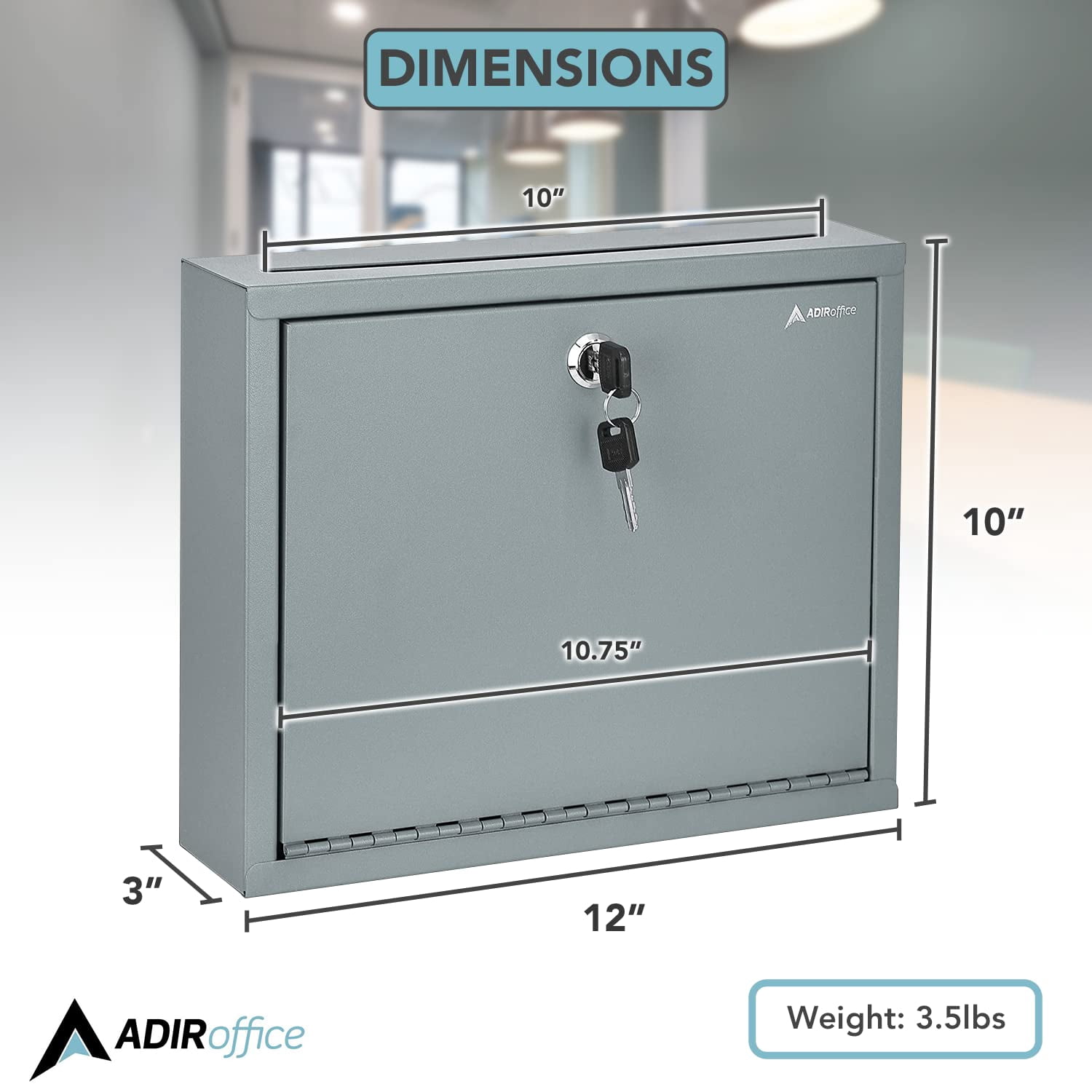Adir Metal Suggestion Box with Lock and Slot, Wall Mount Deposit Box for Payments and Checks, Mailbox for house, Safe Drop Box with Keys - 3x10x12 Inch Gray
