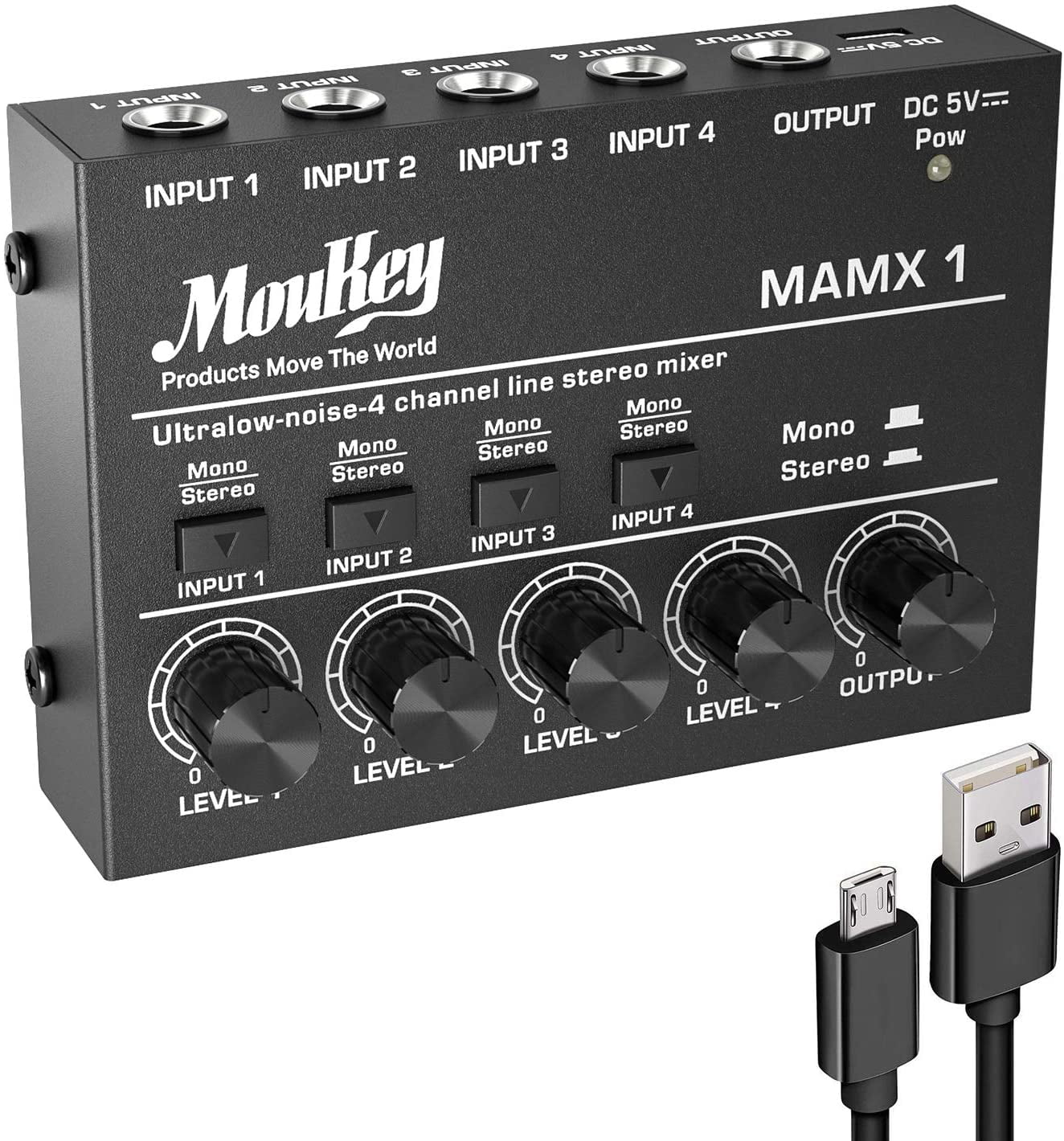 Moukey 4-Stereo Mini Mixer, Ultra Low-Noise 4-Channel Line Mixer for Sub-Mixing, DC 5V Audio Mixer with USB Cable, As Microphones, Guitars, Bass, Keyboards or Stage Mixer-MAMX1 -