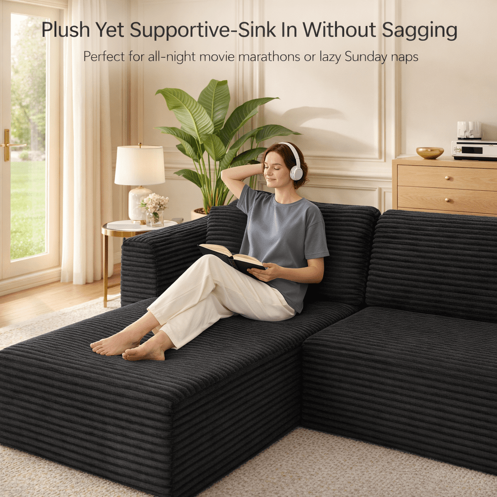 105" No-Assembly Modular L-Shaped Sectional Sofa, Comfy Corduroy Deep Seat Cloud Couch with Chaise, Modern Boneless Sofa for Living Room, Bleige
