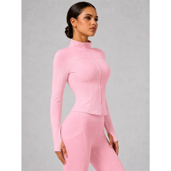 Women's Fitted Full-Zip Athletic Jacket with Thumb Holes, Draw Pink, M