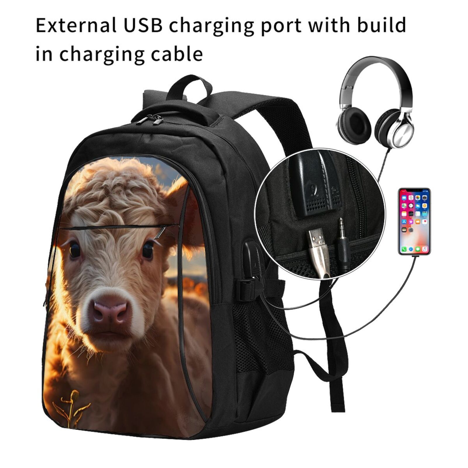 Vsdgher Sunset Sunflower Small Cow Print Travel Laptop Backpack, Laptops Backpack with USB Charging Port, Water Resistant Computer Bag Gift for Men & Women