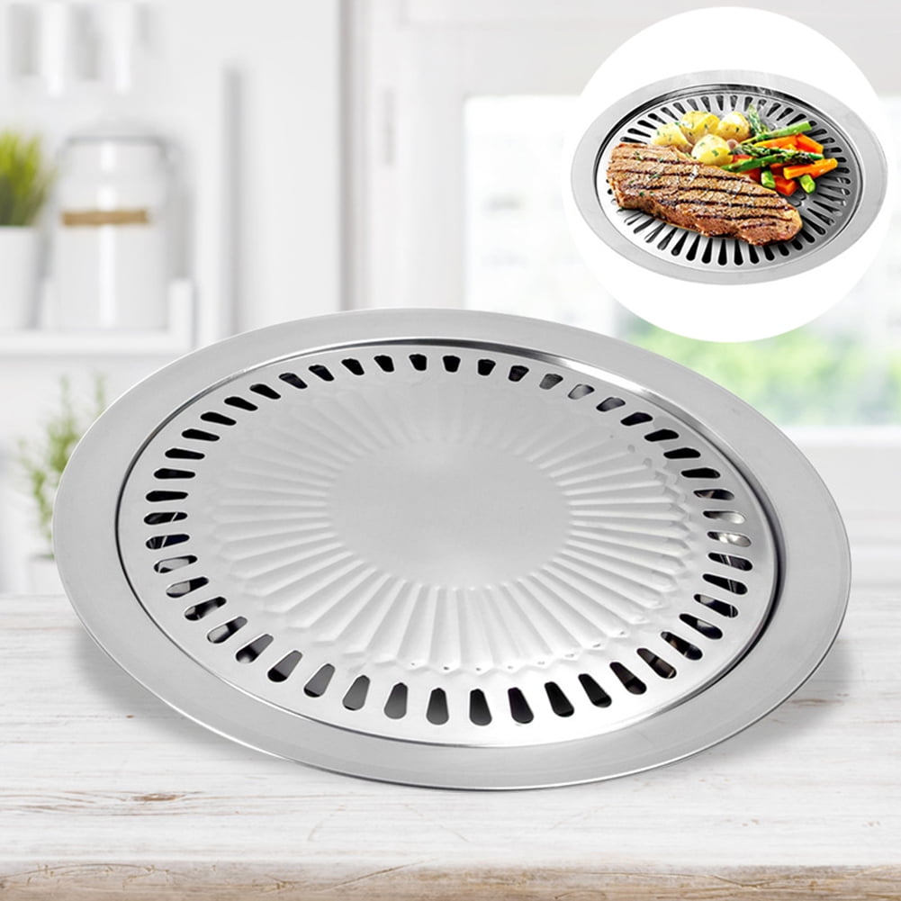 Stainless Steel Non-Stick Roasting Round Barbecue Grill Pan,Korean Style Stovetop for Indoor Outdoor Camping BBQ 30cm x 30cm x 2.8cm Cooking Delicious Roasting Food 