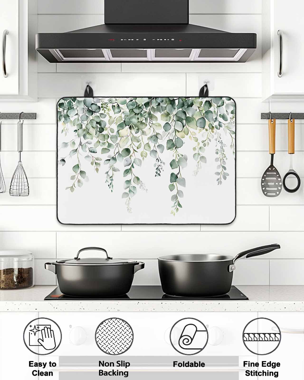 Stove Top Covers for Electric Stove, Retro Eucalyptus Leaves Glass Stovetop Cover Protector, Rustic Pastoral Botanical Induction Cooktop Protector Oven Mat for Kitchen Countertop 24"x21"