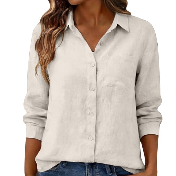 Chuancc Womens Button Down Shirts Cotton Linen Long Sleeve Dress Shirts Casual Summer Tops Work Blouses Beige L