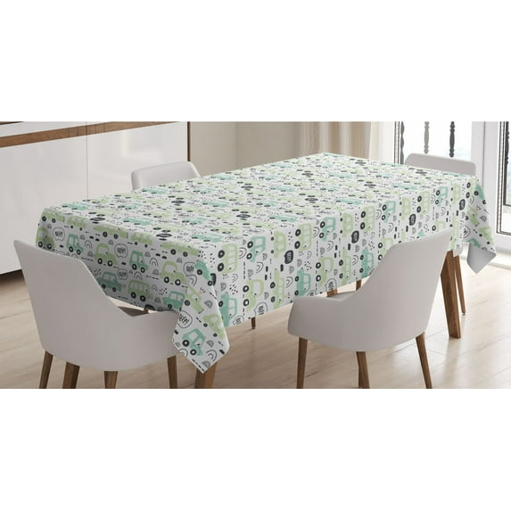 Cartoon Tablecloth, Traffic Cars Beep Driving Automobile Honks Road Sign Theme, Rectangle Satin Table Cover Accent for Dining Room and Kitchen, 52" X 70", Dark Grey and Pale Green, by Ambesonne