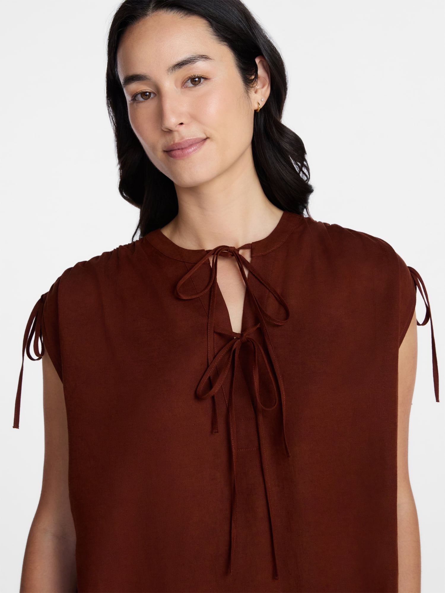 Time and Tru Women’s Linen-Blend Tunic Top with Ruched Sleeves, Sizes XS-XXXL