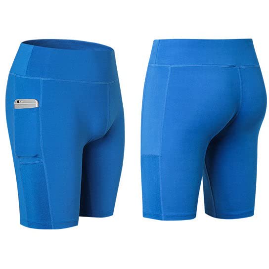 Shorts de Yoga Toutes Saisons Extensibles avec Poche pour Téléphone Bleu