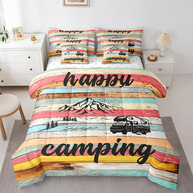 YST Ensemble de Douillette 7 Pcs, Format Simple, Thème Camping Heureux, Ensemble de Literie Américain, Aventure Rétro, Polyester