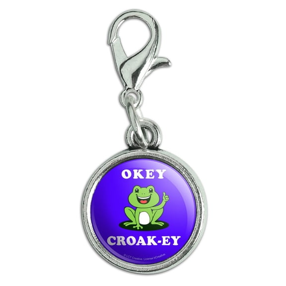 Okey Croak-ey Dokey Frog Funny Humor Antiqued Bracelet Pendant Zipper Pull Charm with Lobster Clasp