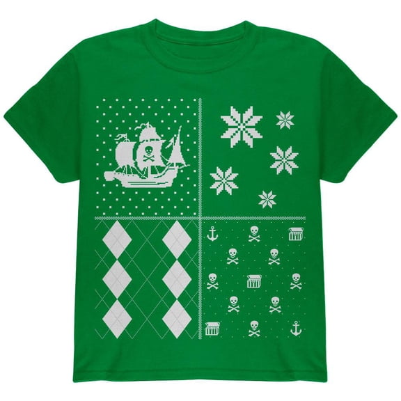 Pirates Festive Blocks Ugly Christmas Sweater Green Youth T-Shirt - Youth Large