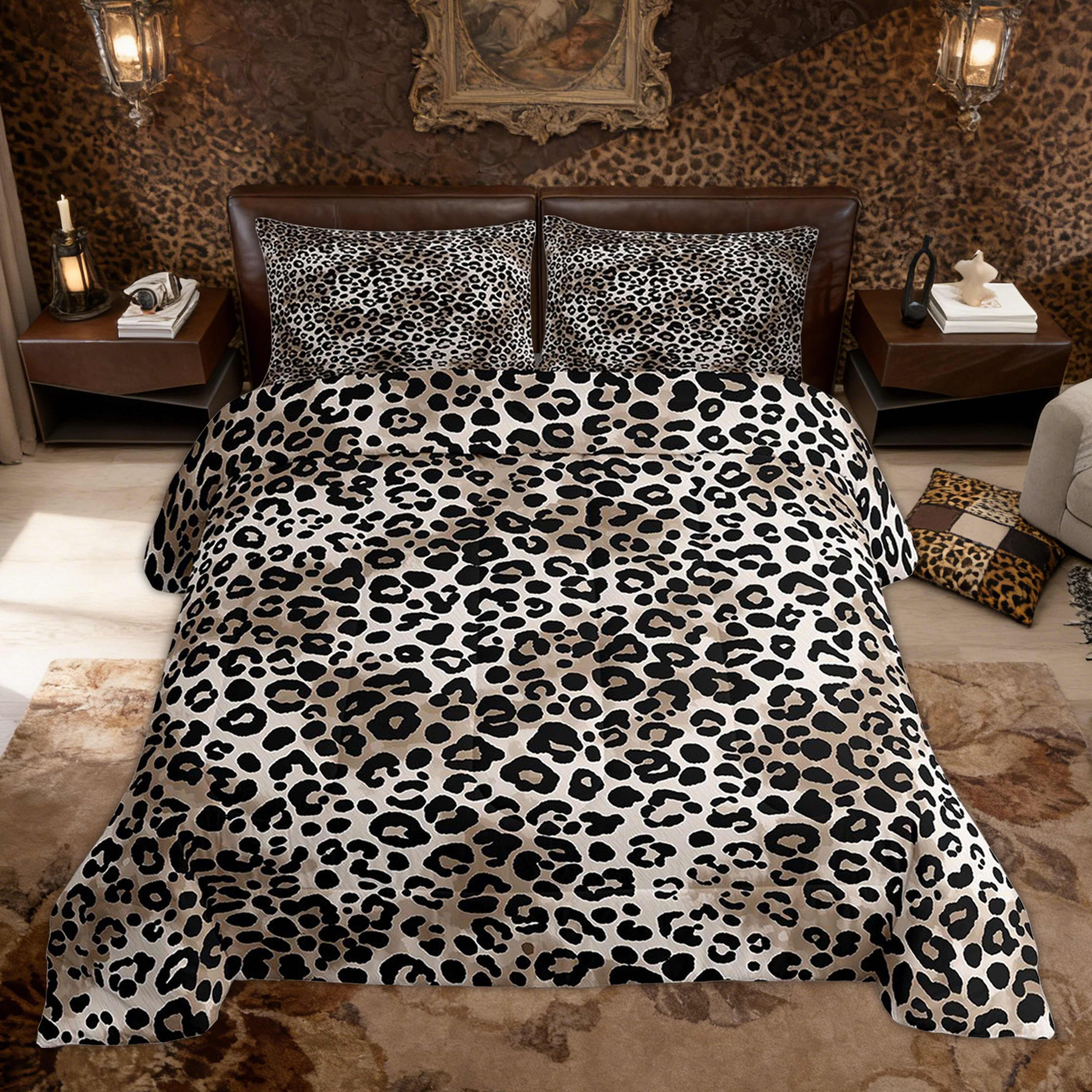 Erosebridal Leopard Printed Kid Full Size Comforter Sets, Farmhouse Cheetah Print Bedding Sets, Black Reverisble, 3 Pieces