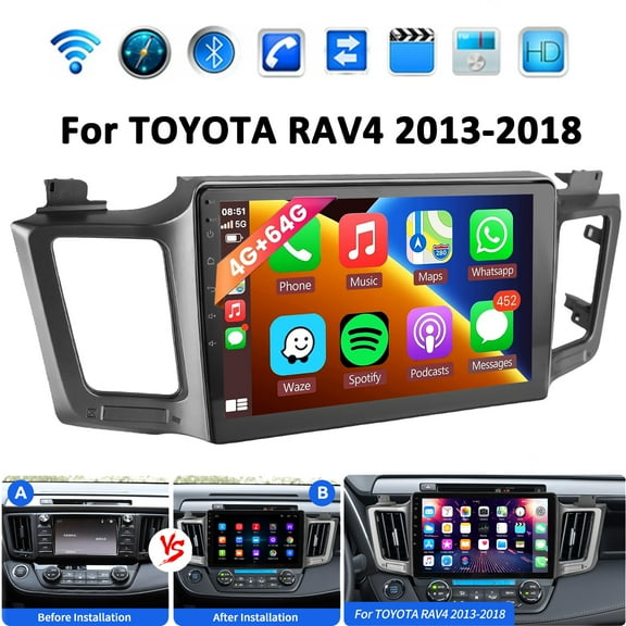 Woudy 2 DIN Car Radio Stereo for Toyota RAV4 2013-2018, Wireless Carplay Android Auto, Bluetooth GPS WiFi SWC FM, 10.1 Inch Touch Screen 4G 64G