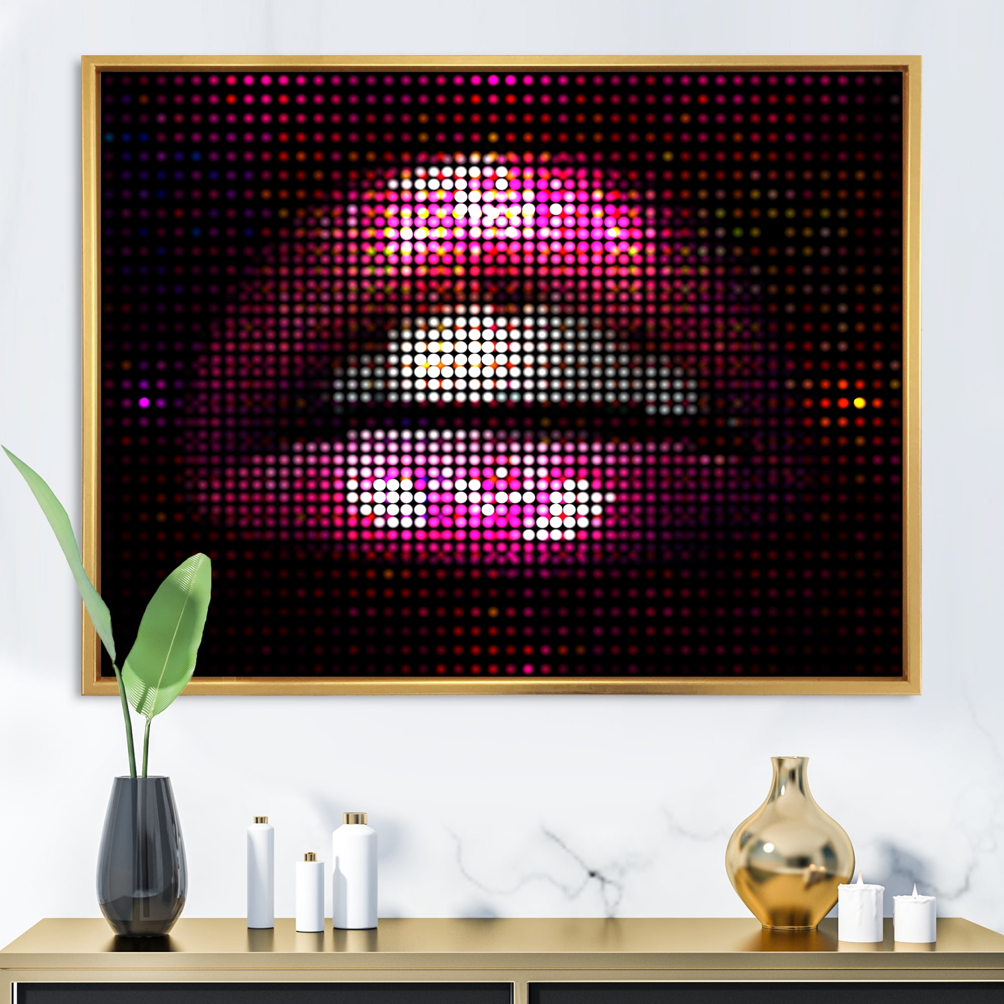 Designart 'Detail Of Pixellated Pink Woman Lips' Modern Framed Canvas Wall Art Print