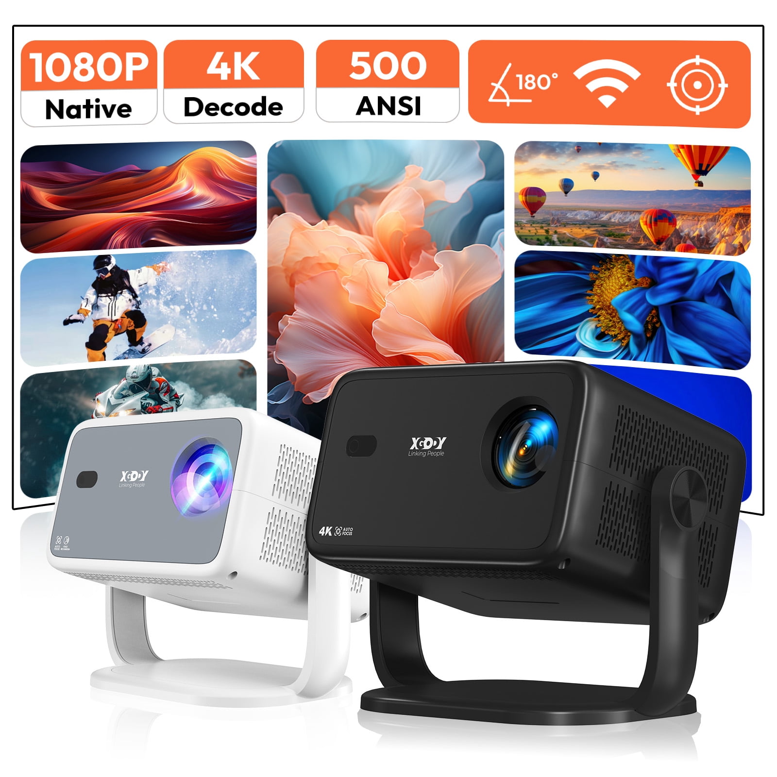 XGODY 1080P WA6 390 ANSI Smart Projector with Wifi and Bluetooth,Aspect Ratlo 16:9 for Camping/Gaming, 1.4KG Black, 1 Count