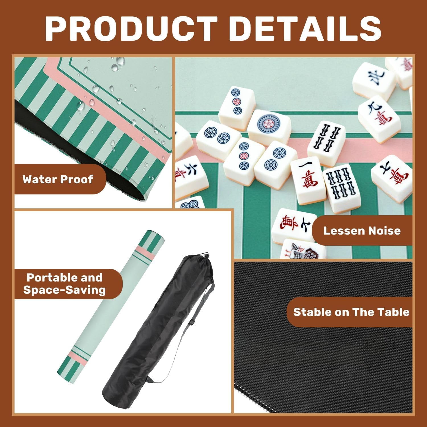 Mahjong Mat 31.5" x 31.5" Mint Green Pink Stripes Decorative Frame Non-Slip Noise Reduction Mahjong Tiles Table Cover for Dominoes Poker Card Board and Tile Games